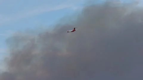 Fire Fighting Aircraft Flying Through Smoke from Wild Fire Stock Footage 136212371