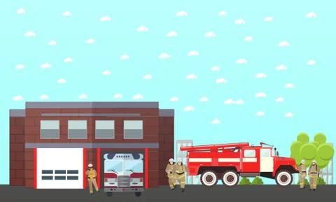 Fire fighting department vector banner. Station and firefighters. Truck Stock Illustration