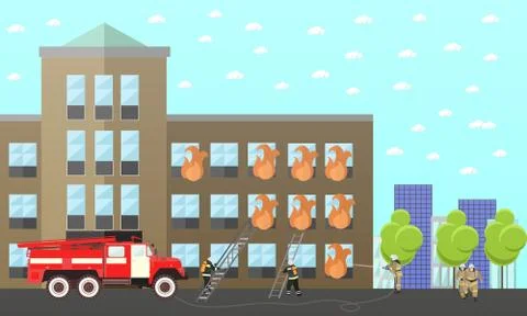 Fire fighting department vector banner. Station and firefighters. Truck Stock Illustration