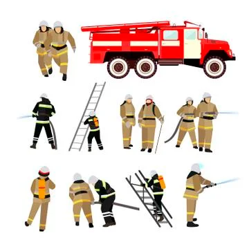 Fire fighting department vector set. Station and firefighters Stock Illustration