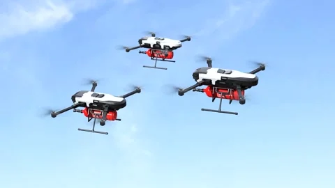 Fire fighting drone concept, Extinguish fire with the drone flying in the sky Stock Footage 256296673