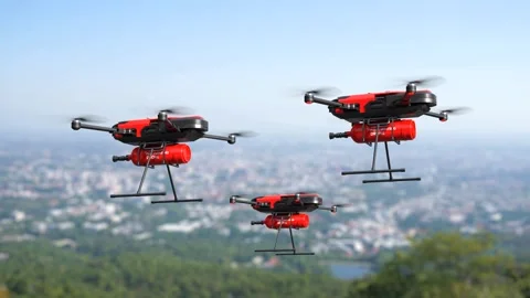 Fire fighting drone concept, Extinguish fire with the drone Stock Footage 256296681