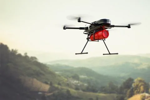 Fire fighting drone concept, Extinguish fire with drone Stock Illustration