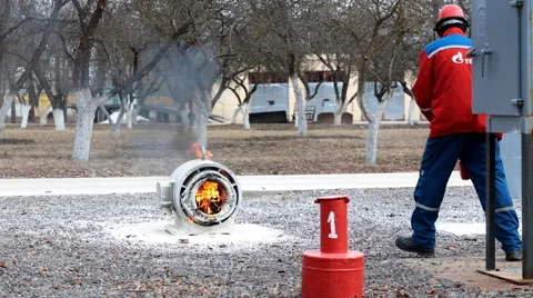 Fire fighting during the training at Narvskaya HPP Stock-Footage 61807148