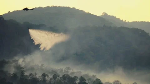 Fire fighting helicopter dropping water on forest fire Stock Footage 150622249
