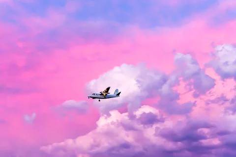 Fire fighting plane returning to base against a vivid pink sunset caused by w Stock Photos