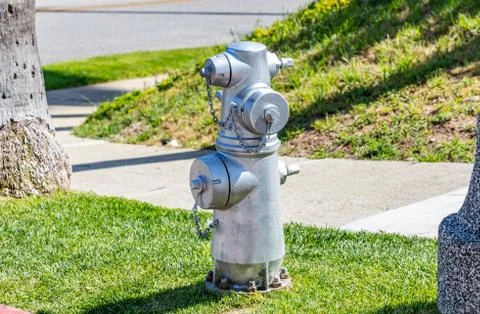 Fire fighting public system Fire hydrant silver color painted outdoors in a p Stock Photos