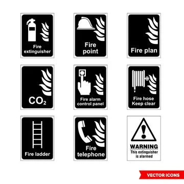 Fire fighting signs icon set of black and white types. Isolated vector sign s Illustrazione stock