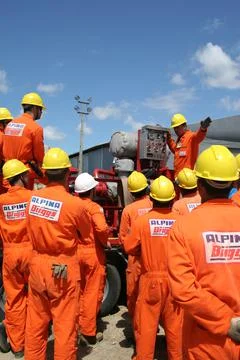 Fire fighting training on oil platform Stock Photos