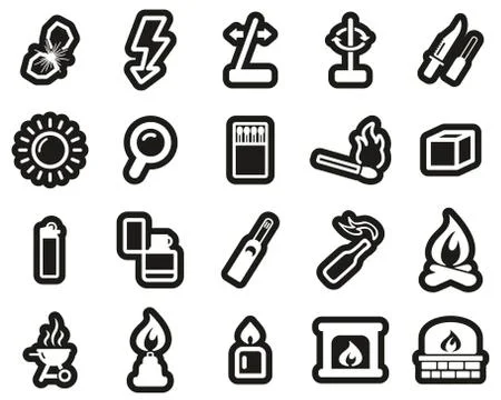 Fire &amp; Fire Making Tools Icons White On Black Sticker Set Big Stock Illustration