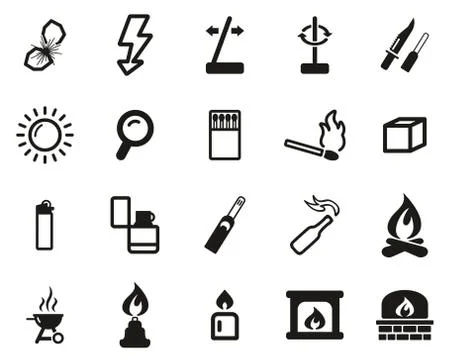 Fire &amp; Fire Making Tools Icons Black &amp; White Set Big Stock Illustration