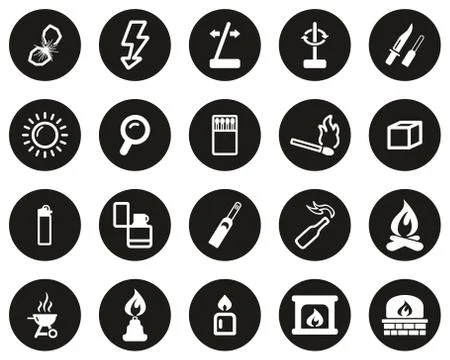Fire &amp; Fire Making Tools Icons White On Black Flat Design Circle Set Big Illustrazione stock