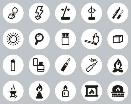 Fire &amp; Fire Making Tools Icons Black &amp; White Flat Design Circle Set Big Illustrazione stock