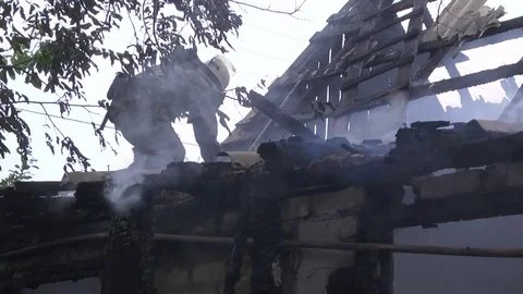 Fire. Firefighters. The house is on fire Stock Footage 77945523