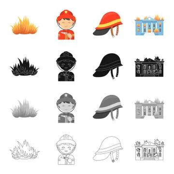 Fire, firemen in uniform, protective helmet, burning building. Fire Department Ilustración de archivo