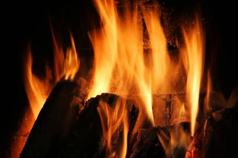 Fire in the fireplace. Burning tree. Fire on the background of the wall Fotos de archivo