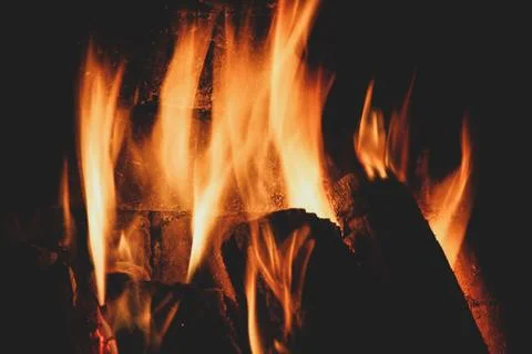 Fire in the fireplace. Burning tree. Fire on the background of the wall Stock Photos