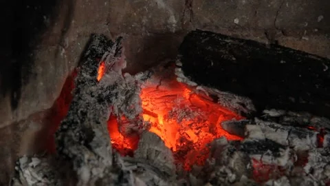 Fire in the fireplace. Burning tree. The tree smolders Stock Footage 141735236