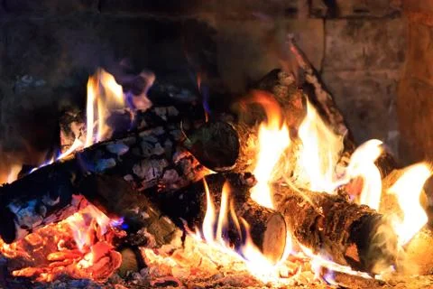 Fire in fireplace close up Stock Photos