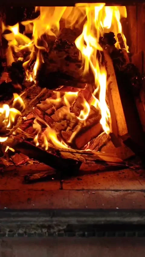 Fire in the fireplace. The concept of stove heating in cold weather Stock Footage 196149873