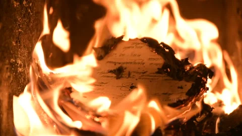 Fire fireplace in dark burning wood letters books Stock Footage 145415045
