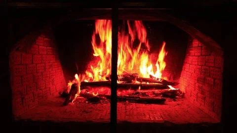 Fire in the fireplace in the evening in the cottage Stock Footage 80461278