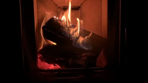 Fire in the fireplace, standing in the house, bottom view Stock Footage 122668896
