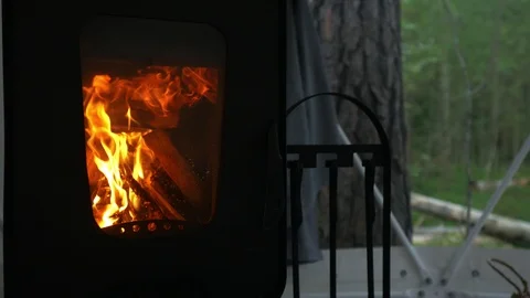 Fire in a fireplace standing by a window overlooking the forest Stock-Footage 113222241
