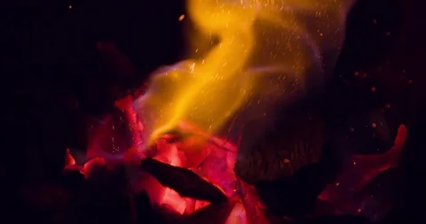 Fire Flame Bonfire smouldering coals on black background 4K Stock Footage 105376009