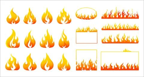 Fire flame. Burning campfire logo. Flaming badge. Igniting border and lines Illustrazione stock