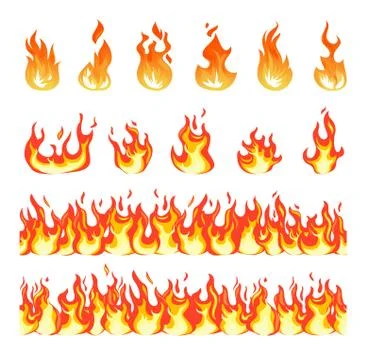 Fire flame. Burning firex seamless border, cartoon style blazing campfire. Fiery Stock Illustration