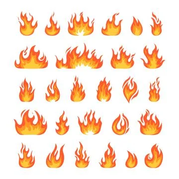 Fire flame. Cartoon hot burning bonfire, red and yellow logo shapes, orange red Illustrazione stock