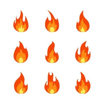 Fire flame cartoon set. Collection of hot flaming element. Vector flat illust Stock Illustration