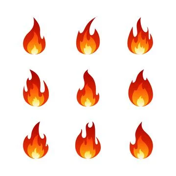 Fire flame cartoon set. Collection of hot flaming element. Vector flat illust Illustrazione stock