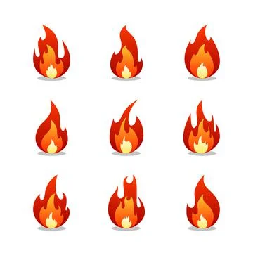 Fire flame cartoon set. Collection of hot flaming element. Vector flat illust Illustrazione stock