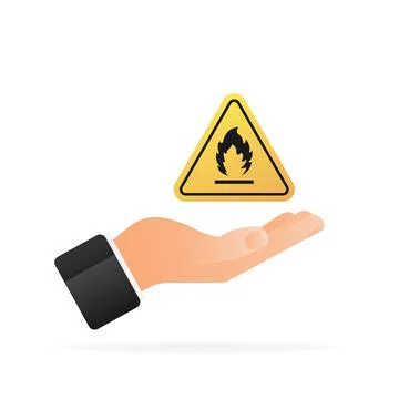 Fire flame danger icon in hand. Yellow illustration on white backdrop. Vector Stock Illustration