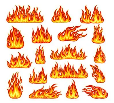 Fire Flame Decorative Elements with Bright Red and Orange Blaze Big Vector Set Illustrazione stock