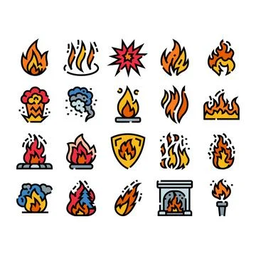 Fire flame explosion and smoke icons collection Stock Illustration