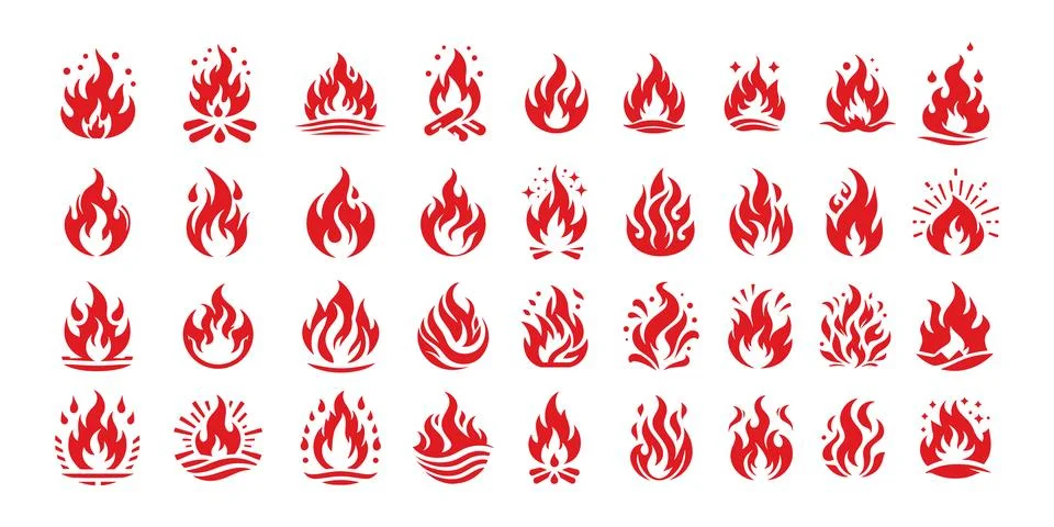 Fire flame flat icon set. Stock Illustration