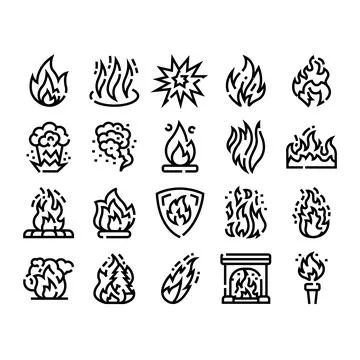 Fire flame heat burning explosion line icons Stock Illustration