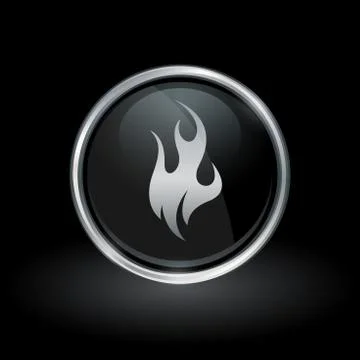 Fire flame icon inside round silver and black emblem Stock Illustration