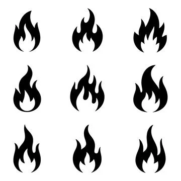 Fire Flame Icon Set Collection Black Flame Symbols Vector Silhouette Pack Stock Illustration