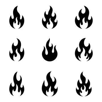 Fire Flame Icon Set Collection Black Flame Symbols Vector Silhouette Pack Stock Illustration