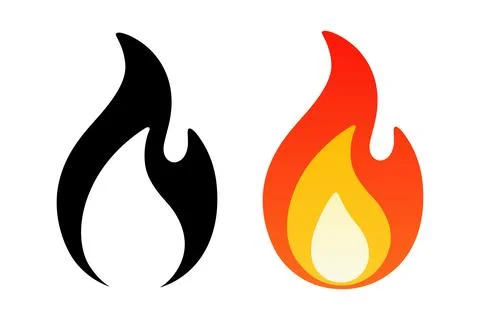 Fire Flame Icon Set, Vector Illustration. Black Silhouette and Color Flame Sy Stock Illustration