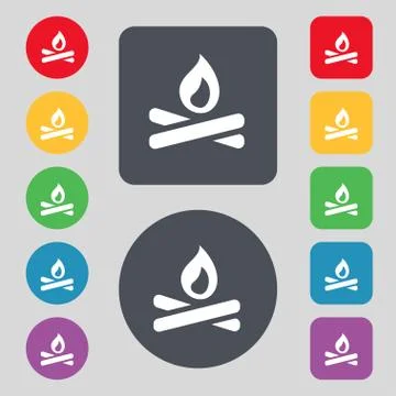 Fire flame icon sign. A set of 12 colored buttons. Flat design. Vector Illustrazione stock