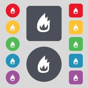 Fire flame icon sign. A set of 12 colored buttons. Flat design. Vector Illustrazione stock