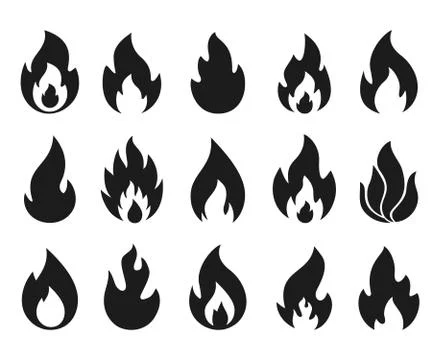 Fire flame icons. Simple burning campfire silhouette symbols, hot chile sauce Stock Illustration