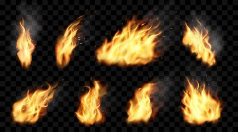 Fire flame. Realistic burn effect. Hot combustion. Spark and smoke. Hell bl.. Stock Illustration