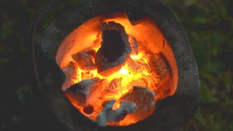 Fire flame on stove on night camping  Stock Footage 95436735