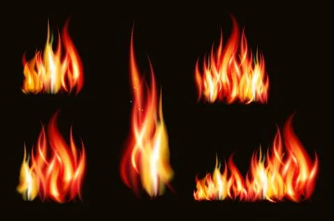 Fire flame strokes realistic isolated on black background vector illustration Illustrazione stock